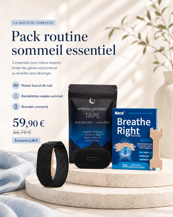 Pack routine sommeil essentiel Noctera avec bracelet réveil, bandelettes nasales et ruban buccal